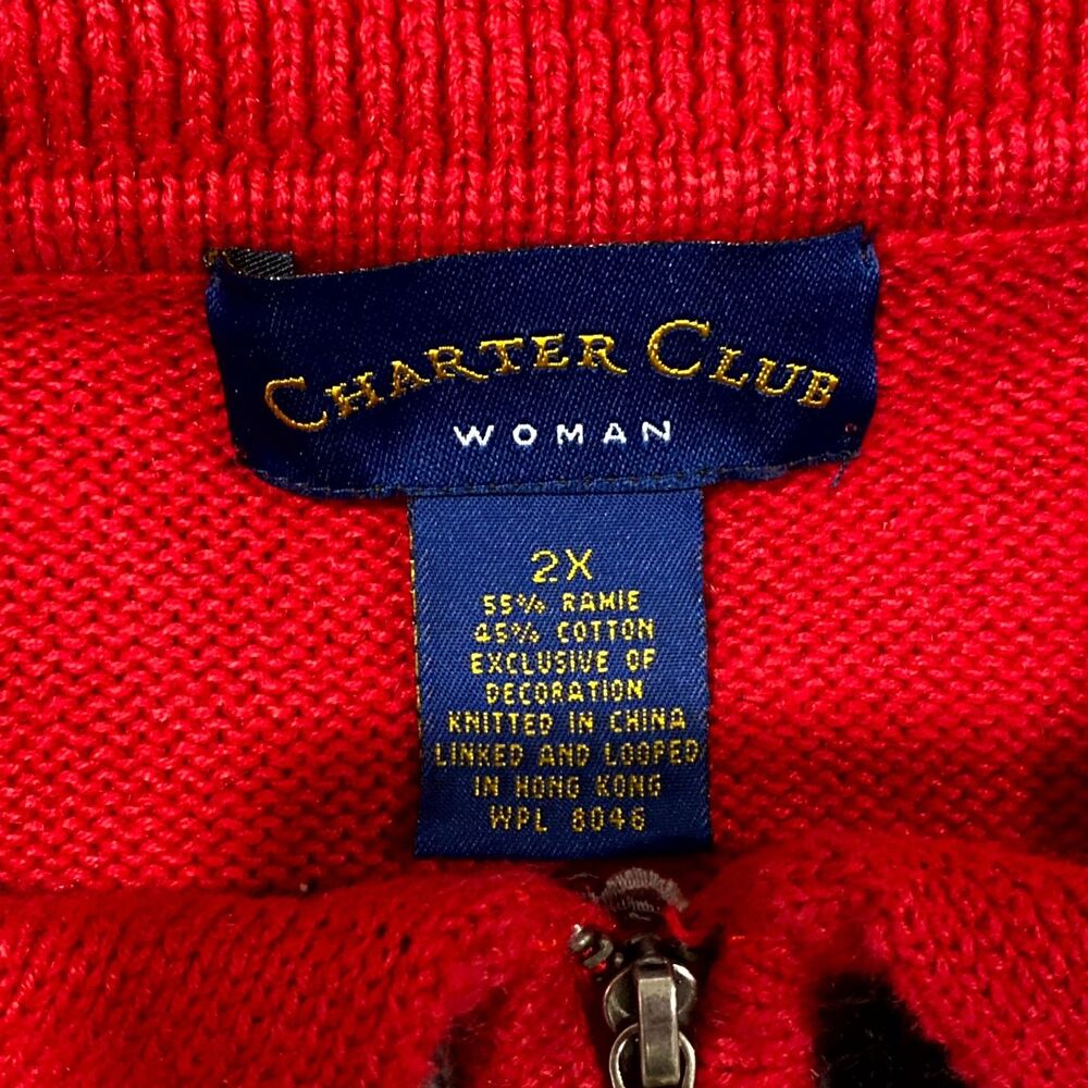 Charter Club Cardigan Sweater Women's 2X Red Knit Ramie Ugly Christmas Patchwork - Picture 2 of 6